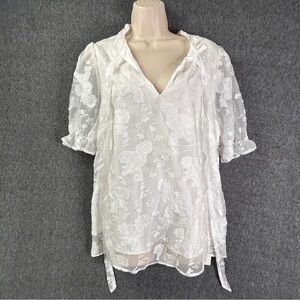 BloomChic Blouse Womens 14-16 Plus White Floral Tie Neck Sheer Puff Sleeve Tunic
